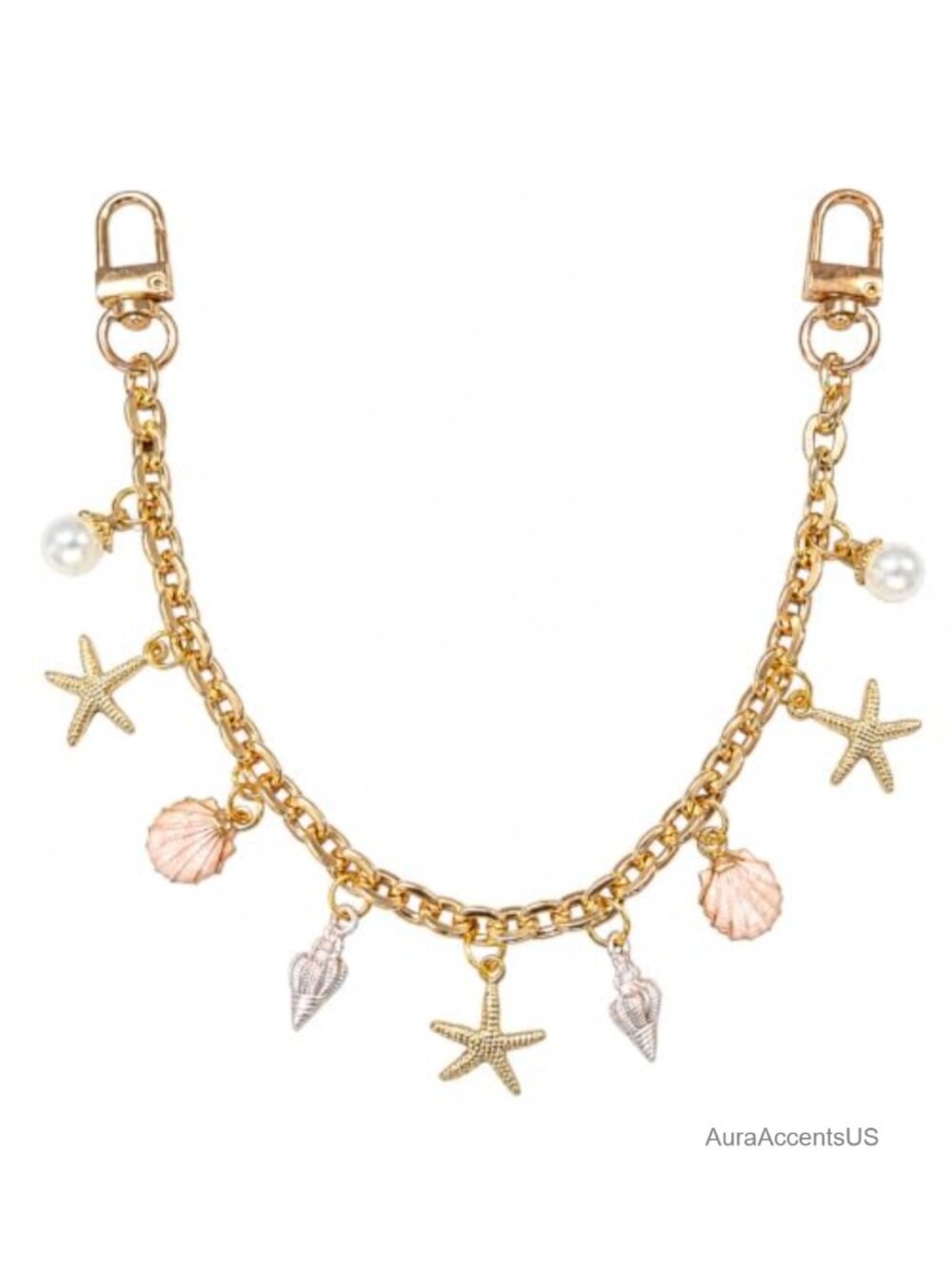 Coastal Beach Purse Charm Chain with Starfish Shell Pearl Charms | Bag Accessory